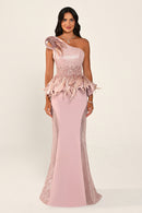 A woman models a formal one-shoulder evening gown in dusty pink with sequined detailing, a feathered peplum, and sheer side panels, set against a plain light beige studio background.