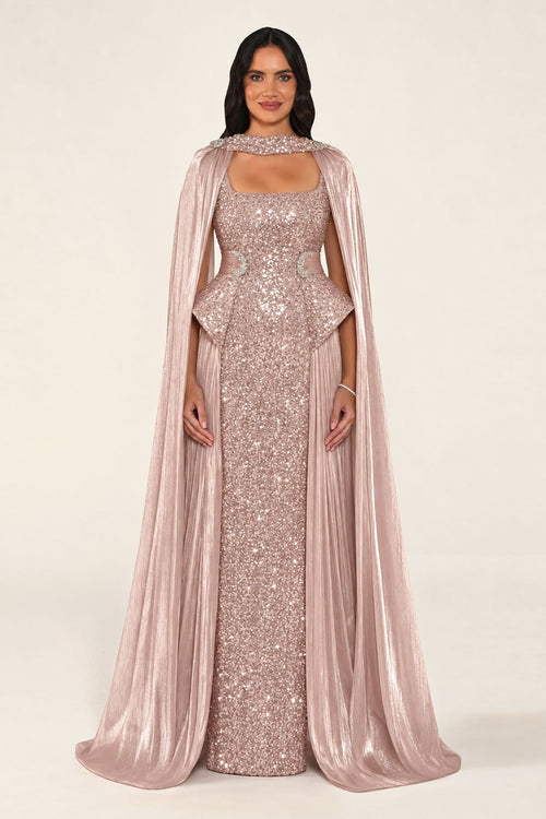 Celestara Dress in Rose Pink: sequin column gown with a square neckline, peplum hip detail, stone-embellished waist and a flowing organza cape