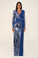 Mirelle Dress in Blue: long-sleeve sequin gown with a wrap V-neck and diagonal draped jersey panels