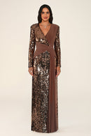 Mirelle Dress in Brown: long-sleeve sequin gown with a wrap V-neck and diagonal draped jersey panels