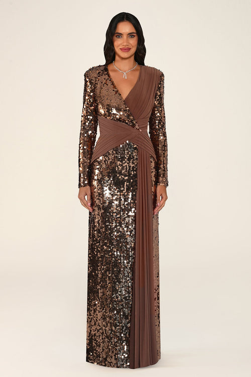 Mirelle Dress in Brown: long-sleeve sequin gown with a wrap V-neck and diagonal draped jersey panels