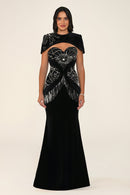 Arianelle Dress in Black: strapless velvet mermaid gown with a spider-web sequin and crystal bodice, beaded fringe and a short matching bolero