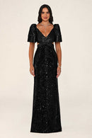 Ambrine Dress in Black: evening gown with puffed taffeta short sleeves, a V-neck bodice with waist cutouts and a fitted sequin mermaid skirt