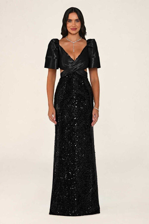 Ambrine Dress in Black: evening gown with puffed taffeta short sleeves, a V-neck bodice with waist cutouts and a fitted sequin mermaid skirt