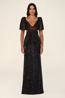 Ambrine Dress in Brown: evening gown with puffed taffeta short sleeves, a V-neck bodice with waist cutouts and a fitted sequin mermaid skirt
