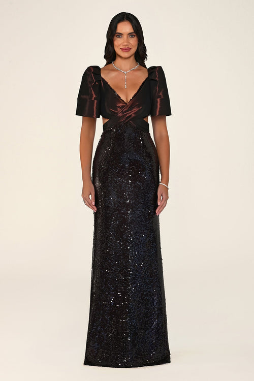 Ambrine Dress in Brown: evening gown with puffed taffeta short sleeves, a V-neck bodice with waist cutouts and a fitted sequin mermaid skirt