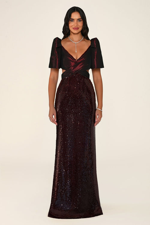 Ambrine Dress in Burgundy: evening gown with puffed taffeta short sleeves, a V-neck bodice with waist cutouts and a fitted sequin mermaid skirt