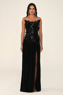 Noirelle strapless black velvet maxi evening dress with sequinned 3D petal corset bodice and leg slit