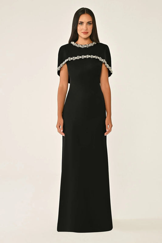 Shawl Embroidered Dress - Maxi - Black