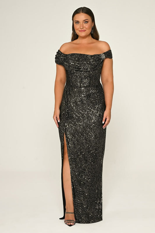 Plus Size - Off Shoulder Sequin Maxi Dress - Multicolor