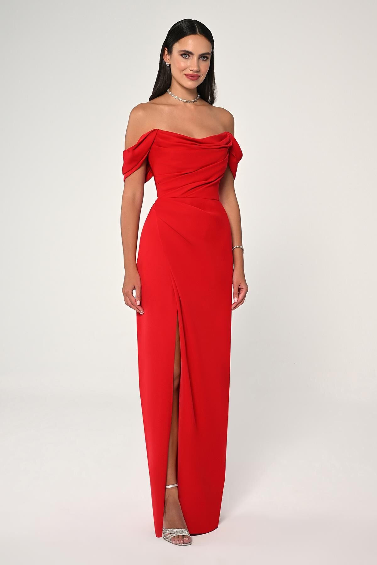 Off Shoulder Crepe Dress - Maxi - Multicolor