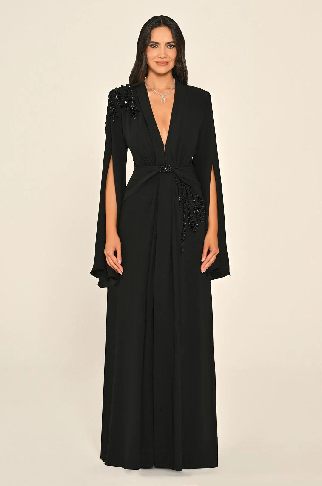 Aveline Noir Cape-Sleeve Dress - Maxi - Black