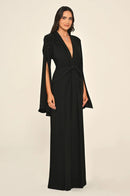 Aveline Noir Cape-Sleeve Dress - Maxi - Black