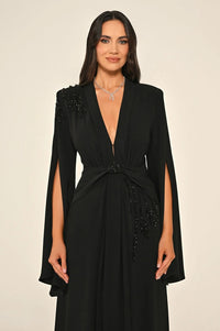 Aveline Noir Cape-Sleeve Dress - Maxi - Black