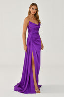Boat Neck Satin Dress - Maxi - Multicolor