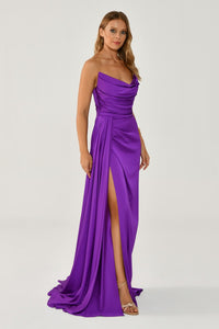 Boat Neck Satin Dress - Maxi - Multicolor
