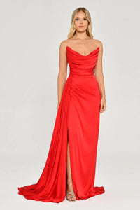 Boat Neck Satin Dress - Maxi - Multicolor