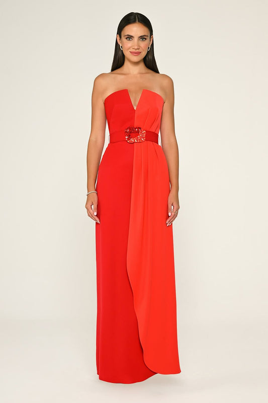 Belt Crepe Dress - Maxi - Multicolor