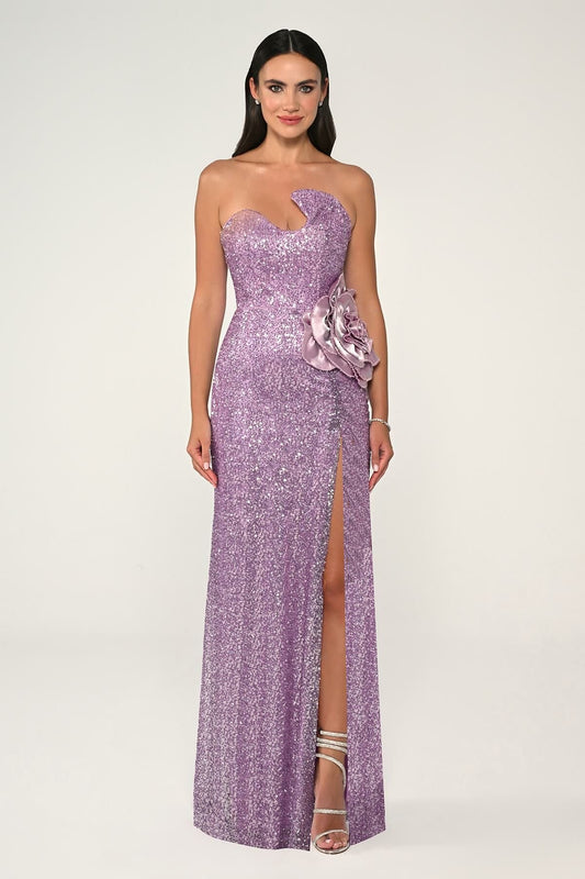 Strapless Asymmetrical Sequin  Maxi Dress - Multicolor