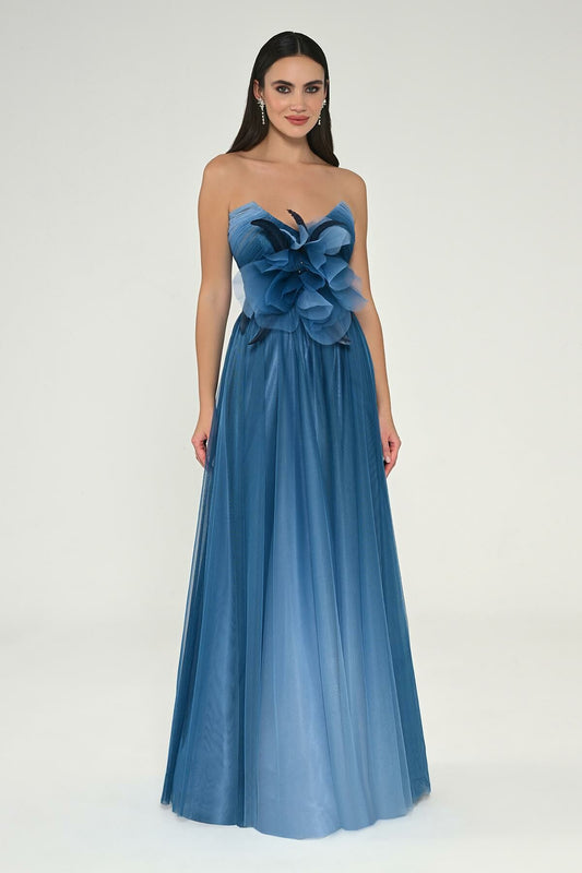 Dress- Strapless Printed Tulle - Maxi - Multicolor