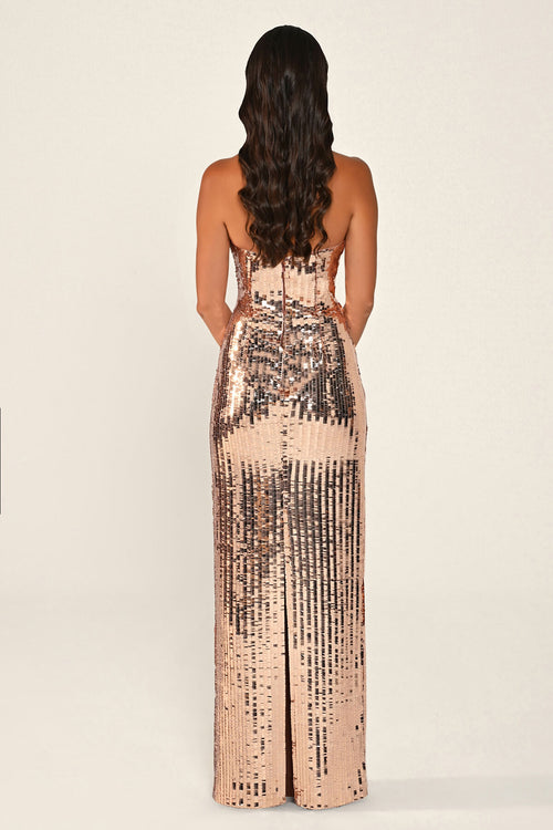 Étincelle gown in copper, back view