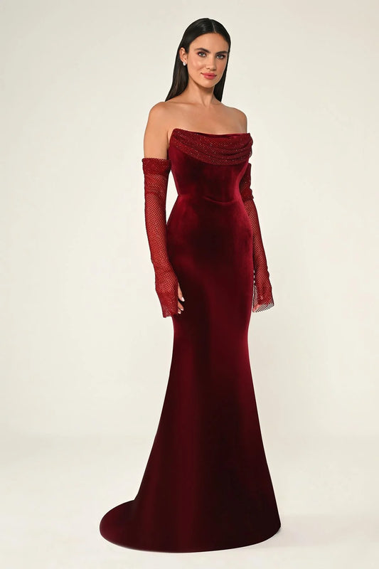 Stone Fishnet Velvet Dress - Maxi - Maroon