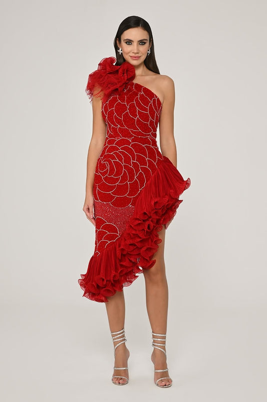 Dress - One Shoulder Asymmetrical Floral - Midi - Multicolor