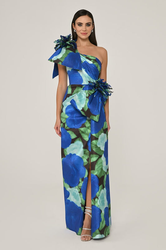 Dress - One Shoulder Flower Patterned - Maxi - Blue/Green