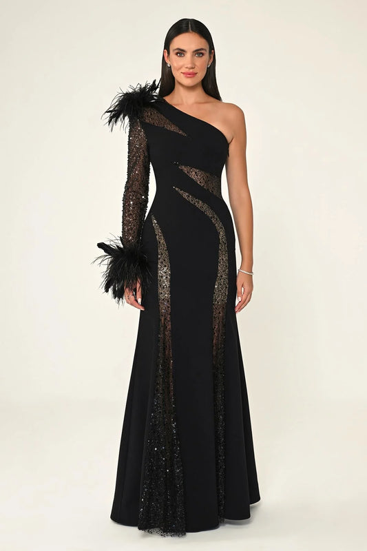 One Shoulder Feathered Sequin Dress - Maxi - Black