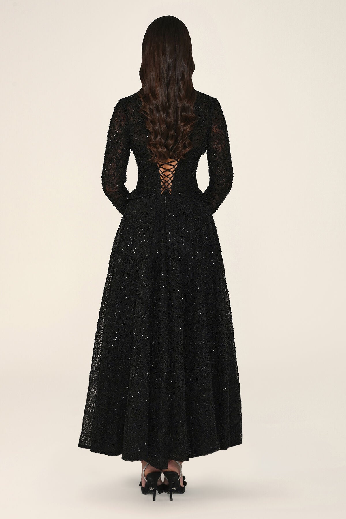 Clarisse dress in black, back view with lace-up detail