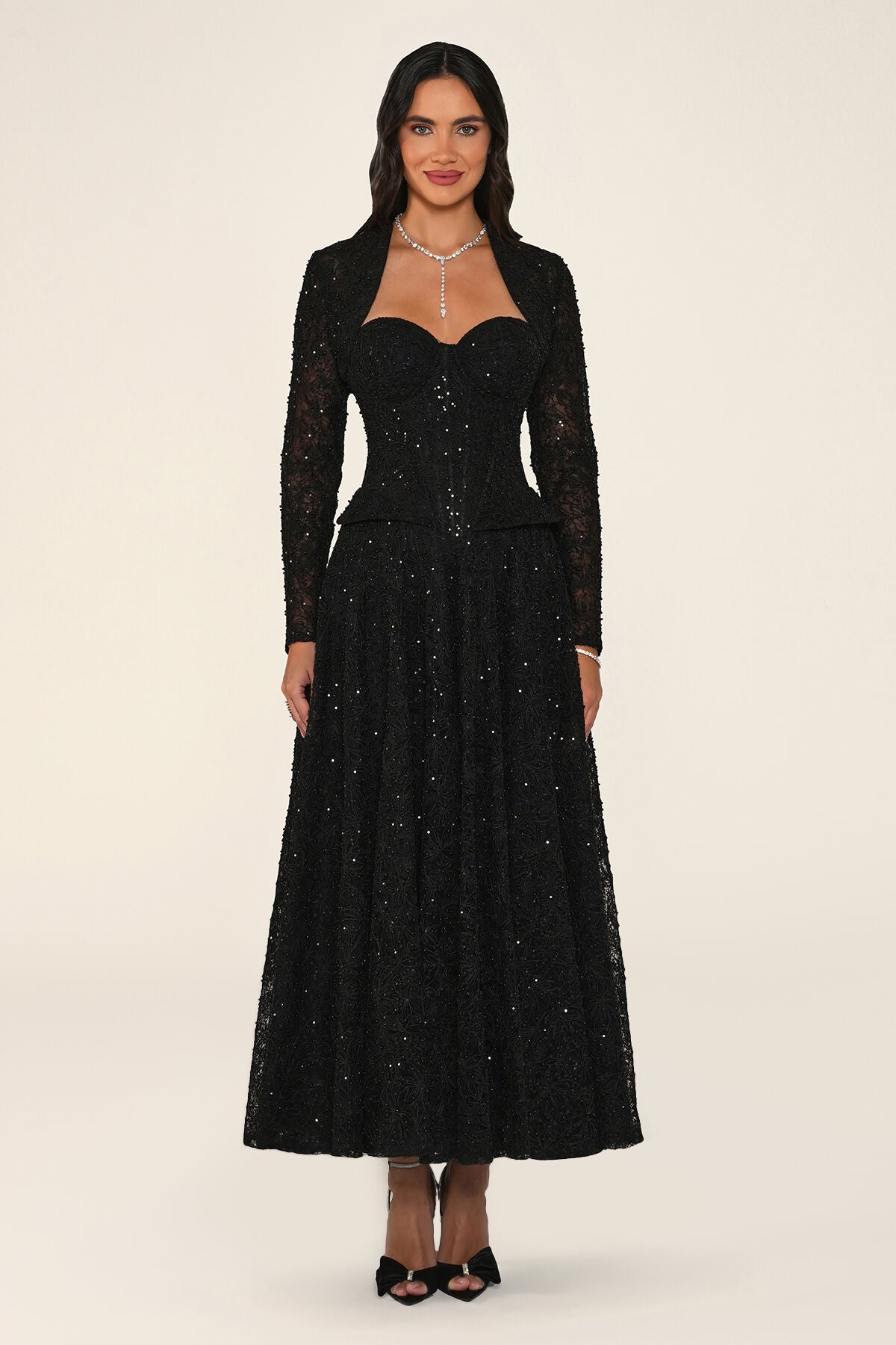 Clarisse dress in black, front view with bolero