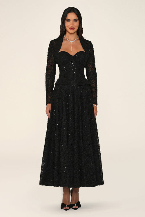 Clarisse dress in black, front view with bolero