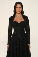 Clarisse dress in black, close-up of the corset bodice and bolero