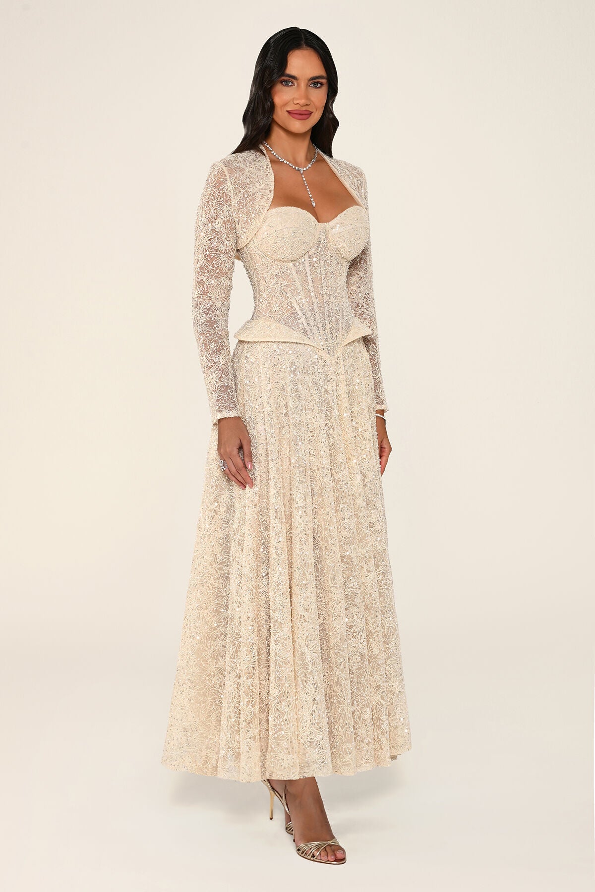 Clarisse dress in beige, side view