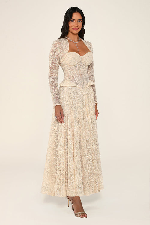 Clarisse dress in beige, side view