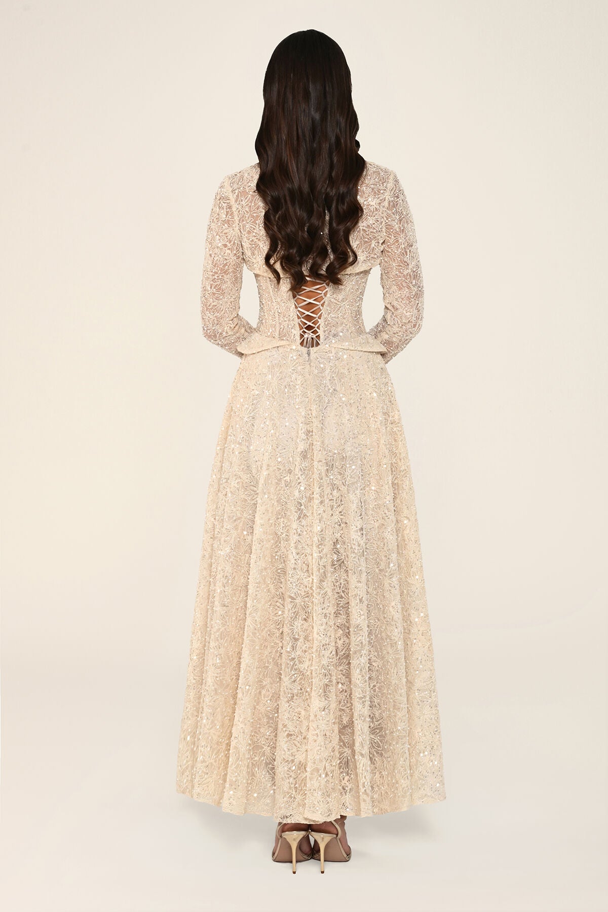 Clarisse dress in beige, back view with lace-up detail