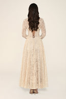 Clarisse dress in beige, back view with lace-up detail