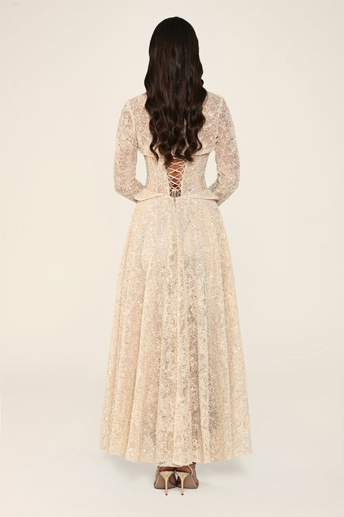 Clarisse dress in beige, back view with lace-up detail