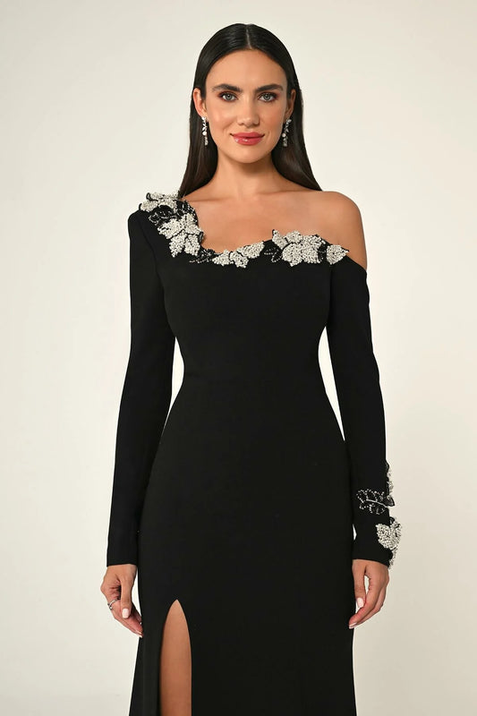 Silver Flowers Crepe Dress - Maxi - Black