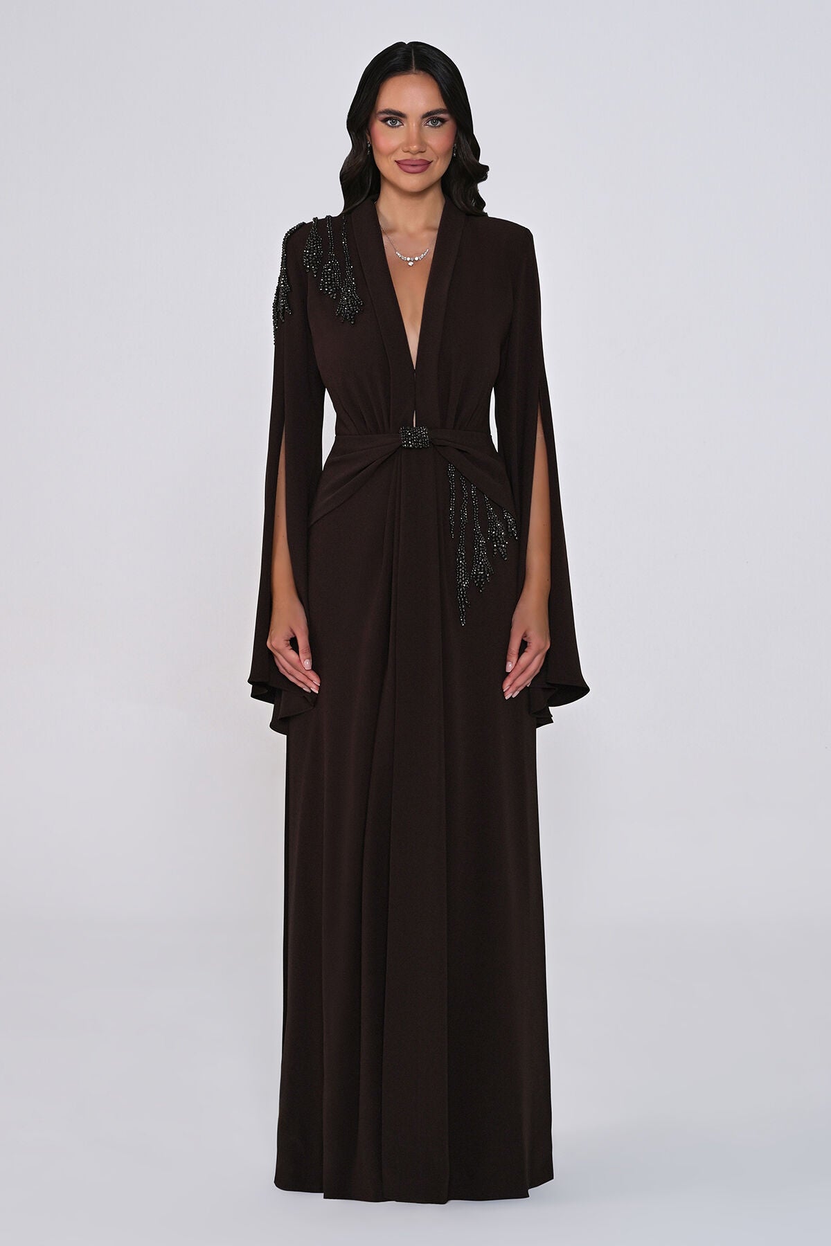 Aveline Noir Cape-Sleeve Dress - Maxi - Black