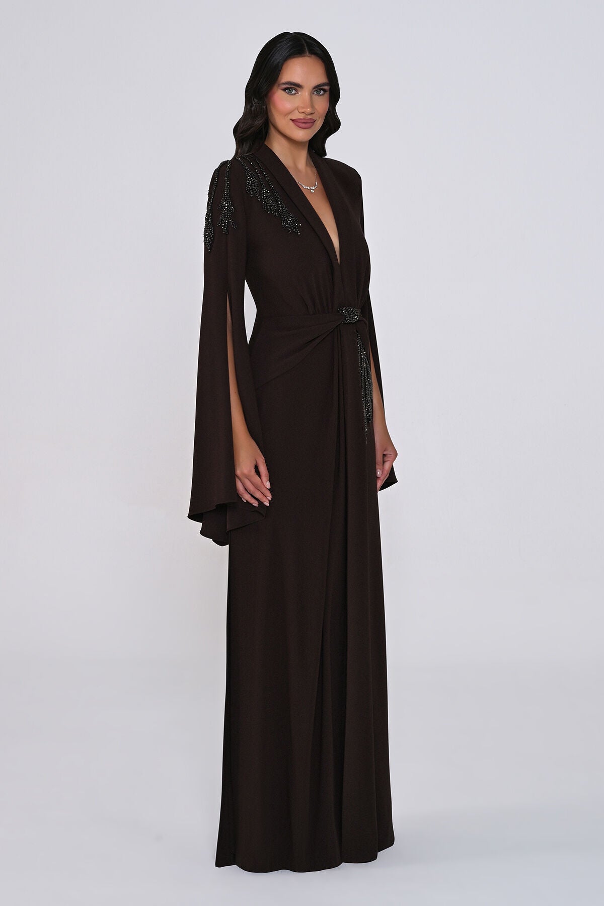 Aveline Noir Cape-Sleeve Dress - Maxi - Black