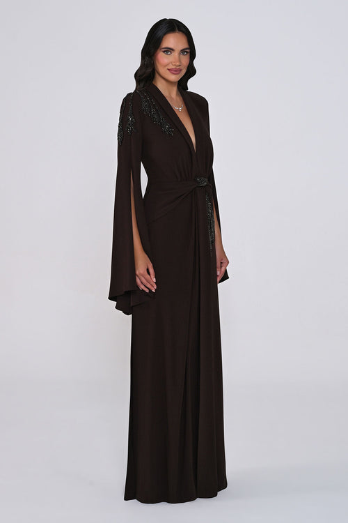 Aveline Noir Cape-Sleeve Dress - Maxi - Black