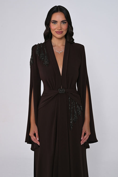 Aveline Noir Cape-Sleeve Dress - Maxi - Black