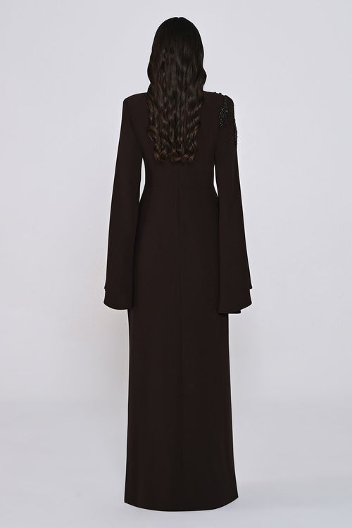 Aveline Noir Cape-Sleeve Dress - Maxi - Black