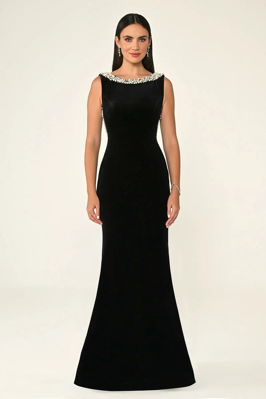 Pearl Beaded Velvet Dress- Maxi - Black